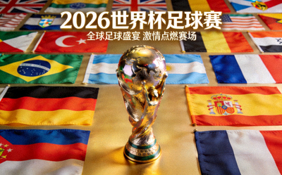 2026世界杯足球赛宣传图片 - 世界杯奖杯与各国国旗背景